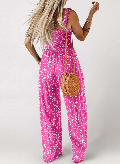 Women's Casual Loose Overalls Jumpsuits One Piece Sleeveless Printed Wide Leg Long Pant Rompers With Pockets