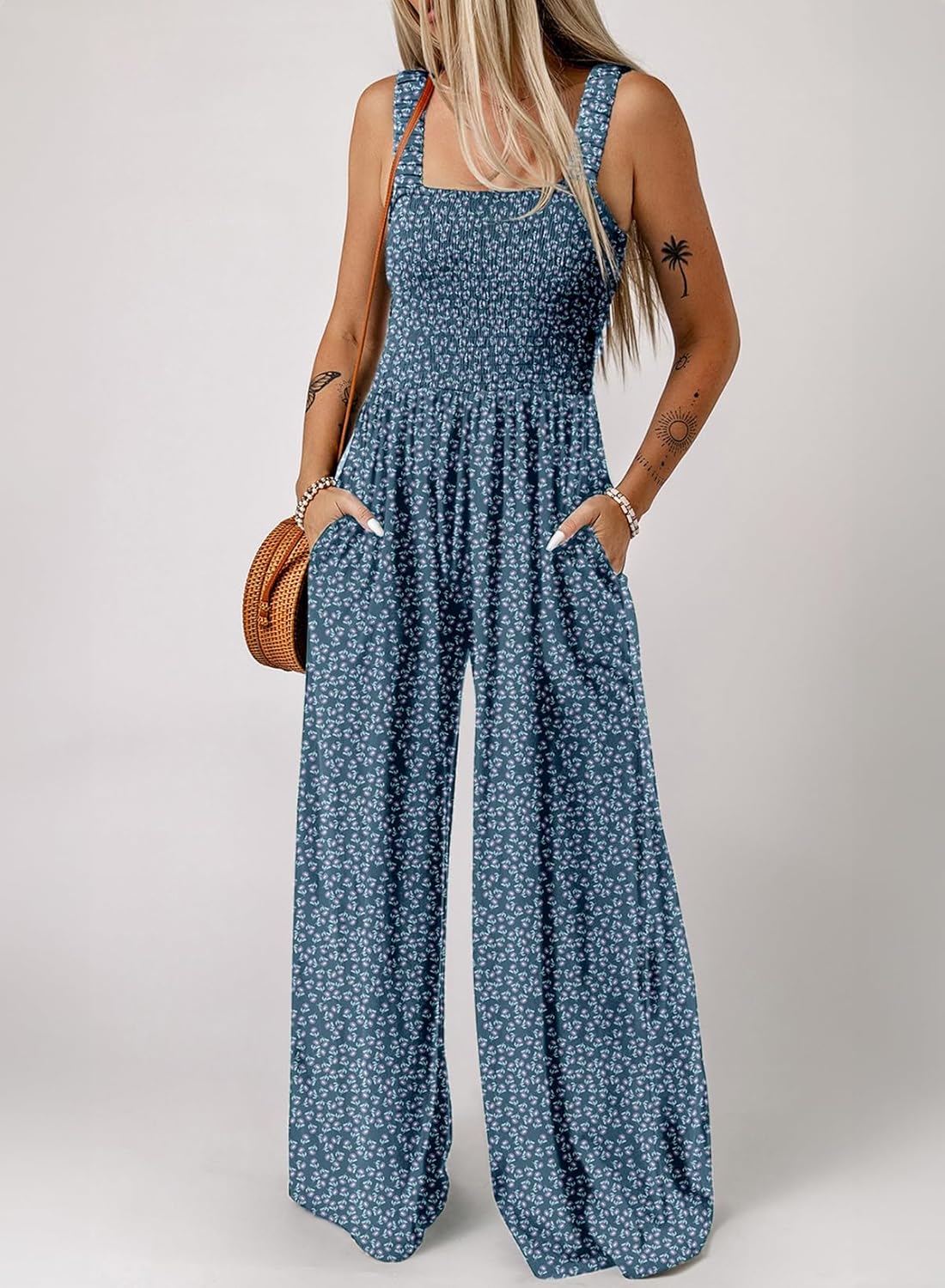 Women's Casual Loose Overalls Jumpsuits One Piece Sleeveless Printed Wide Leg Long Pant Rompers With Pockets
