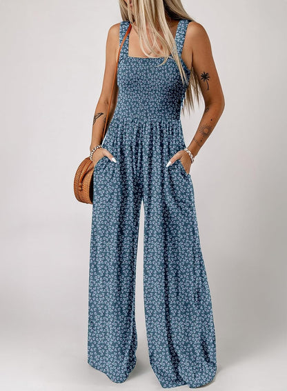 Women's Casual Loose Overalls Jumpsuits One Piece Sleeveless Printed Wide Leg Long Pant Rompers With Pockets