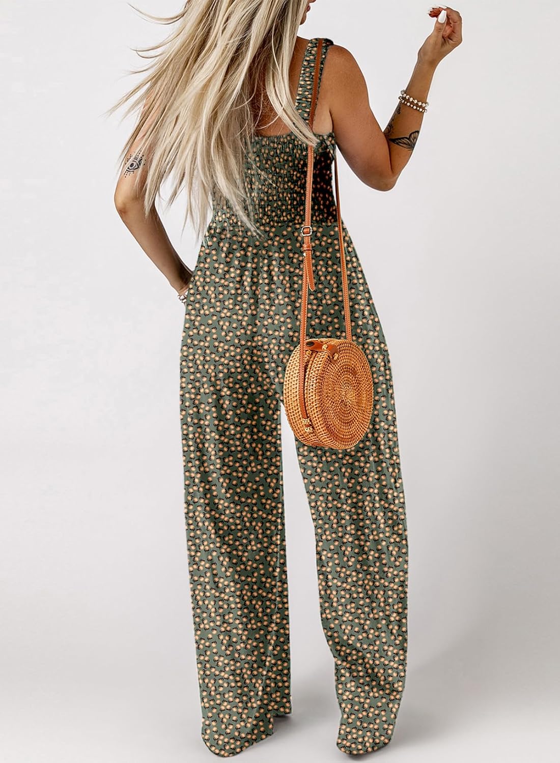 Women's Casual Loose Overalls Jumpsuits One Piece Sleeveless Printed Wide Leg Long Pant Rompers With Pockets