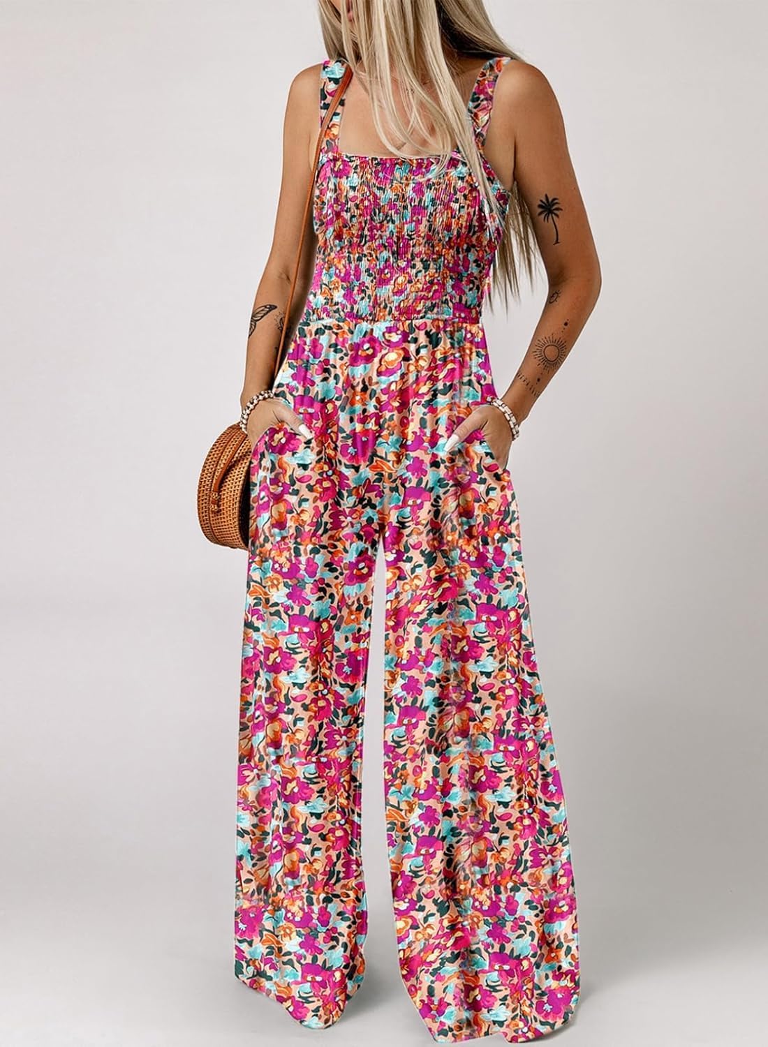 Women's Casual Loose Overalls Jumpsuits One Piece Sleeveless Printed Wide Leg Long Pant Rompers With Pockets