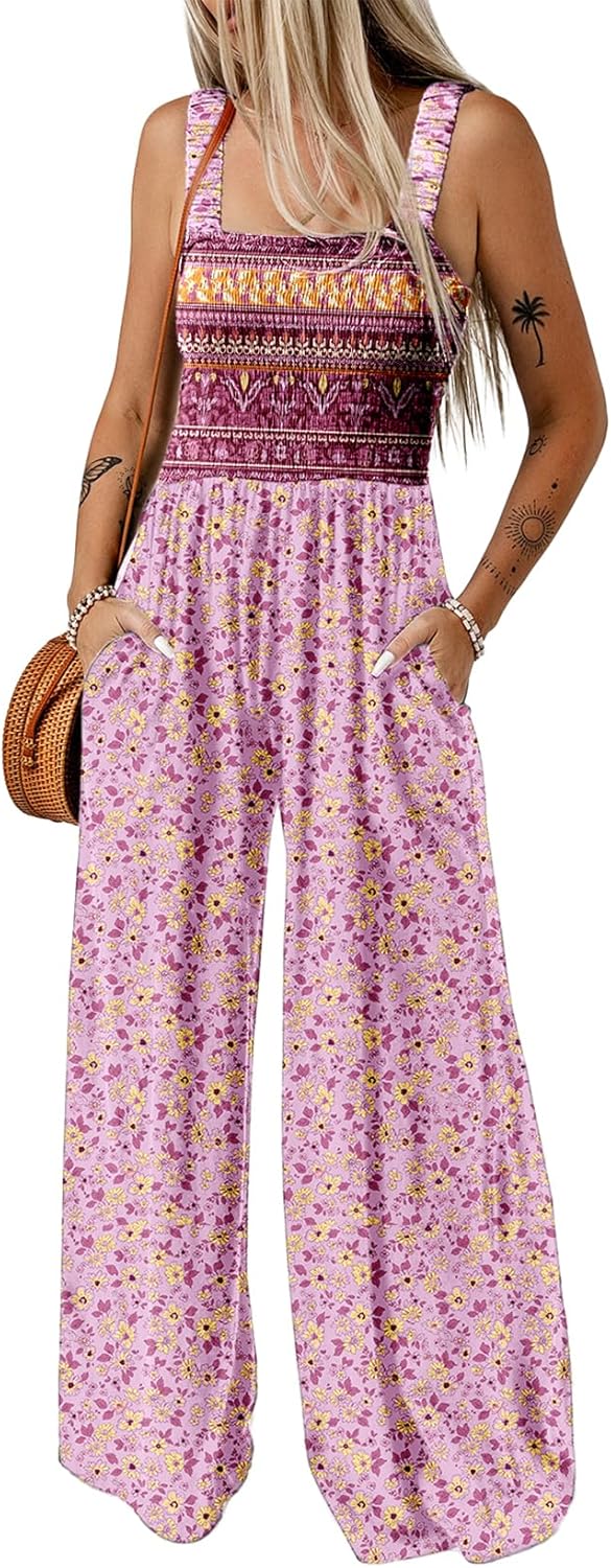Women's Casual Loose Overalls Jumpsuits One Piece Sleeveless Printed Wide Leg Long Pant Rompers With Pockets