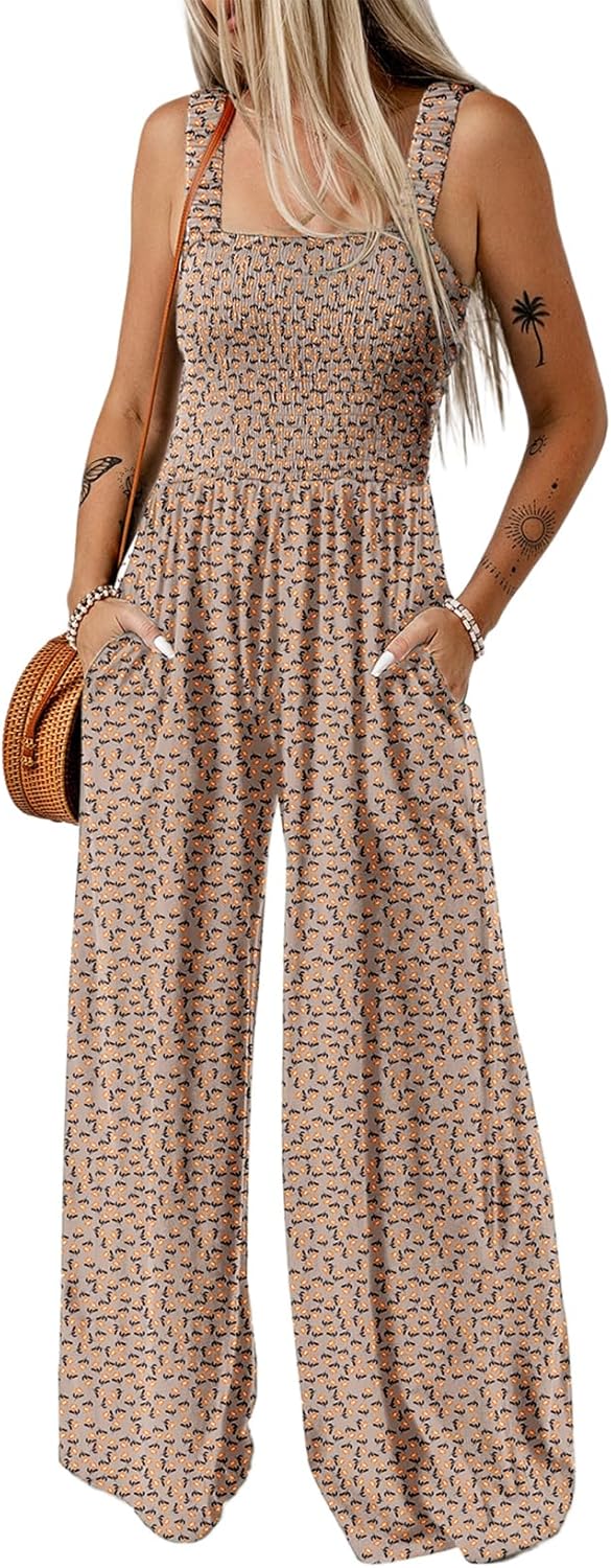 Women's Casual Loose Overalls Jumpsuits One Piece Sleeveless Printed Wide Leg Long Pant Rompers With Pockets