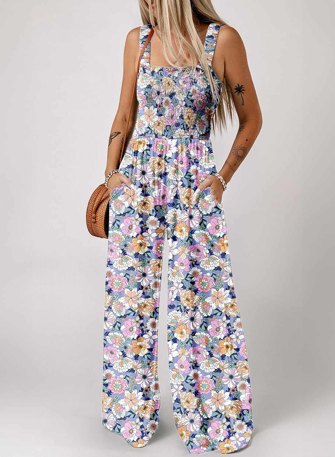 Women's Casual Loose Overalls Jumpsuits One Piece Sleeveless Printed Wide Leg Long Pant Rompers With Pockets
