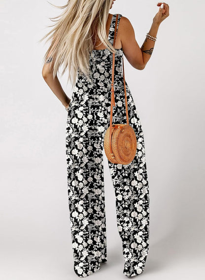 Women's Casual Loose Overalls Jumpsuits One Piece Sleeveless Printed Wide Leg Long Pant Rompers With Pockets