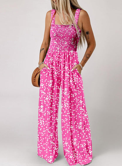 Women's Casual Loose Overalls Jumpsuits One Piece Sleeveless Printed Wide Leg Long Pant Rompers With Pockets