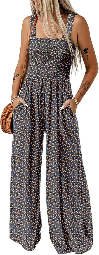 Women's Casual Loose Overalls Jumpsuits One Piece Sleeveless Printed Wide Leg Long Pant Rompers With Pockets