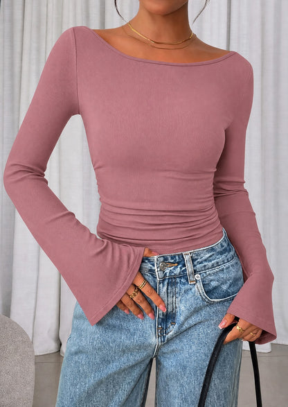 Women's Ribbed Boat Neck Bell Sleeve Crop Top Multipack
