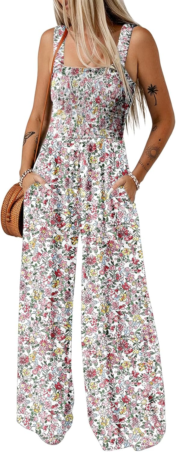 Women's Casual Loose Overalls Jumpsuits One Piece Sleeveless Printed Wide Leg Long Pant Rompers With Pockets