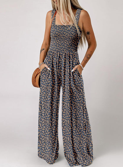 Women's Casual Loose Overalls Jumpsuits One Piece Sleeveless Printed Wide Leg Long Pant Rompers With Pockets
