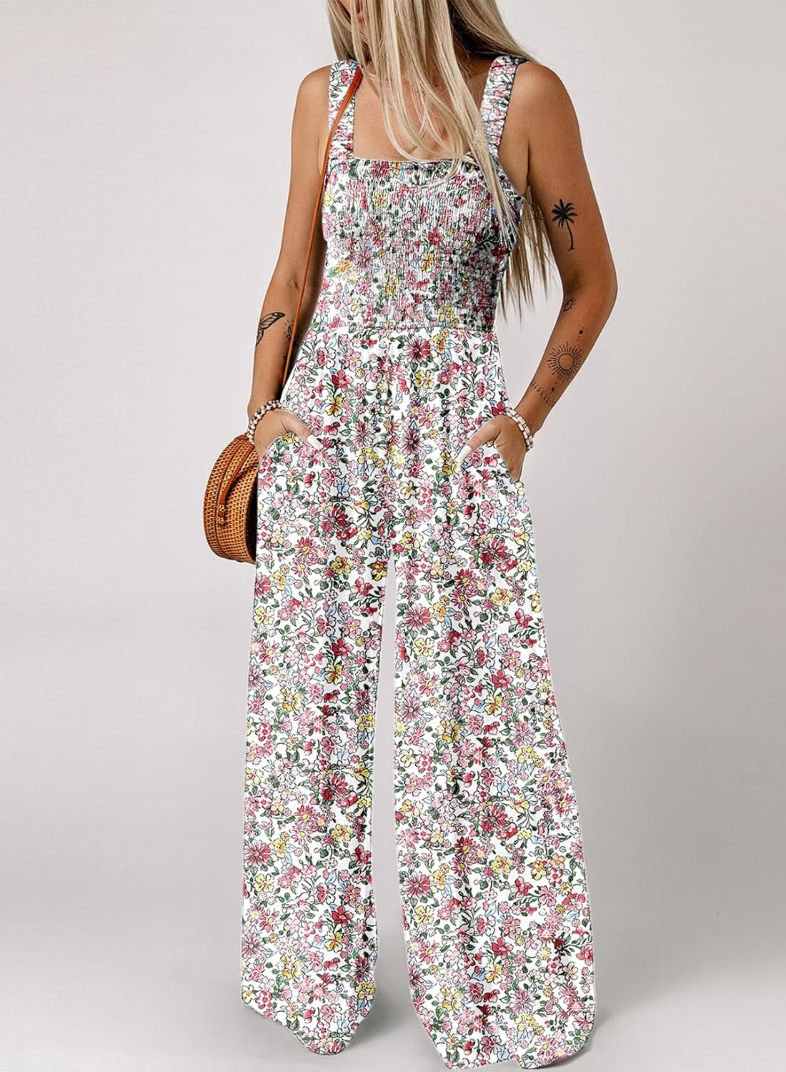 Women's Casual Loose Overalls Jumpsuits One Piece Sleeveless Printed Wide Leg Long Pant Rompers With Pockets