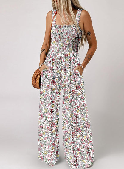 Women's Casual Loose Overalls Jumpsuits One Piece Sleeveless Printed Wide Leg Long Pant Rompers With Pockets