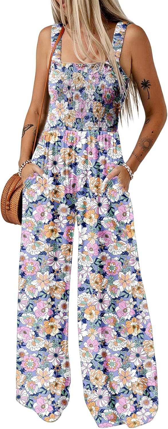 Women's Casual Loose Overalls Jumpsuits One Piece Sleeveless Printed Wide Leg Long Pant Rompers With Pockets