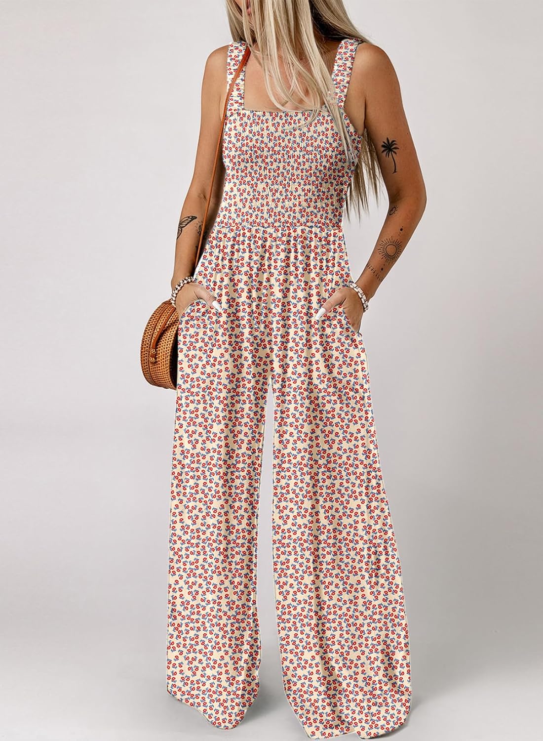 Women's Casual Loose Overalls Jumpsuits One Piece Sleeveless Printed Wide Leg Long Pant Rompers With Pockets