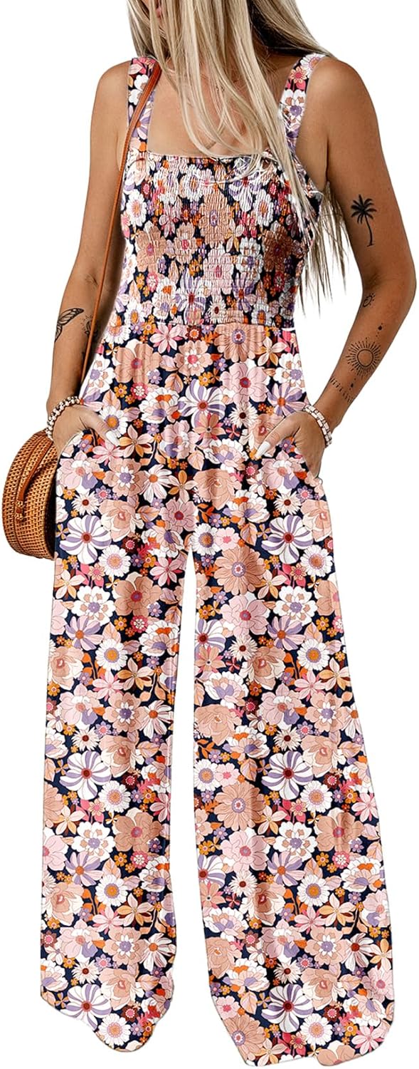 Women's Casual Loose Overalls Jumpsuits One Piece Sleeveless Printed Wide Leg Long Pant Rompers With Pockets