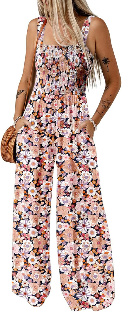 Women's Casual Loose Overalls Jumpsuits One Piece Sleeveless Printed Wide Leg Long Pant Rompers With Pockets