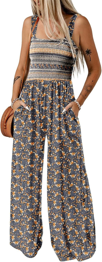 Women's Casual Loose Overalls Jumpsuits One Piece Sleeveless Printed Wide Leg Long Pant Rompers With Pockets