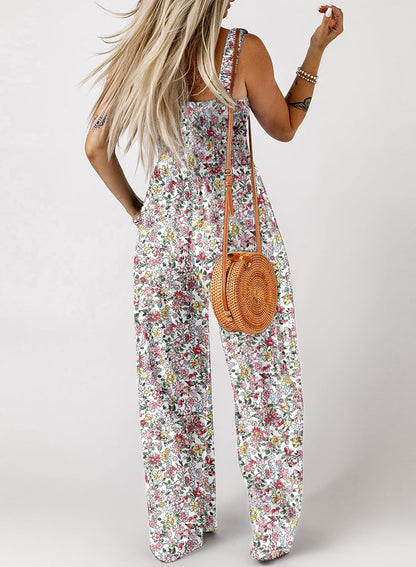 Women's Casual Loose Overalls Jumpsuits One Piece Sleeveless Printed Wide Leg Long Pant Rompers With Pockets