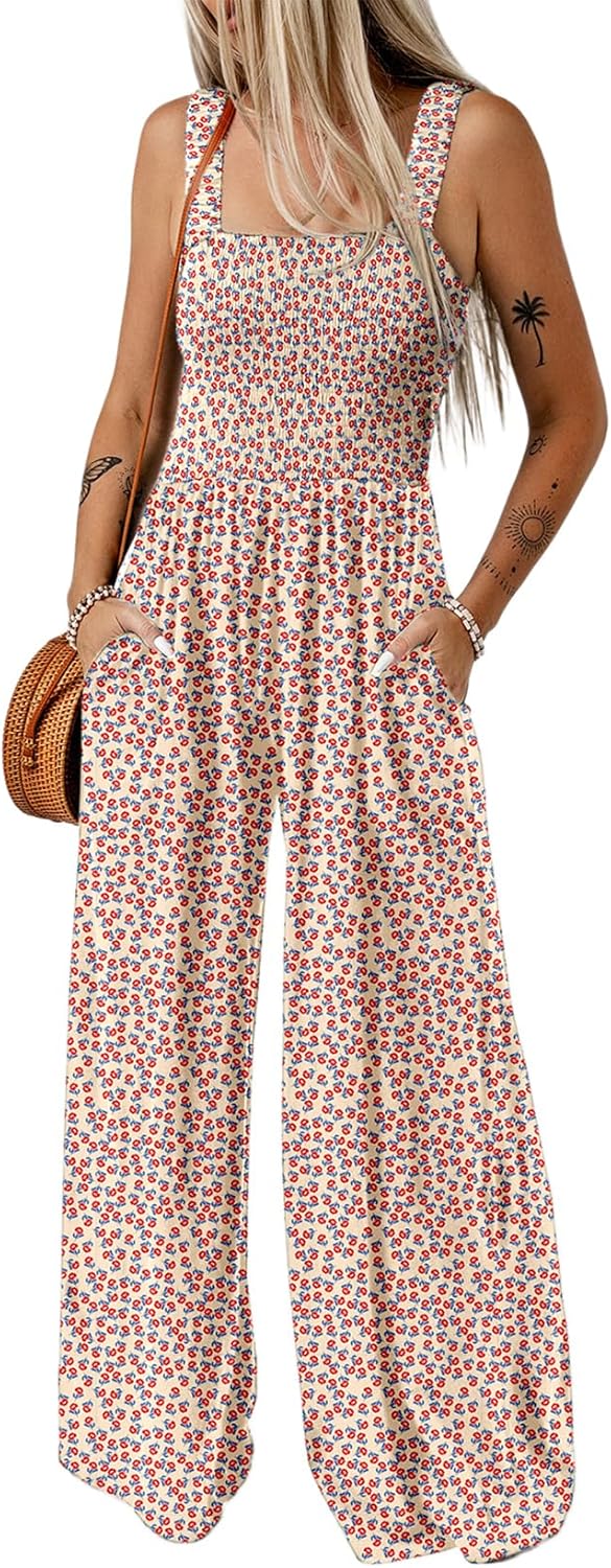 Women's Casual Loose Overalls Jumpsuits One Piece Sleeveless Printed Wide Leg Long Pant Rompers With Pockets