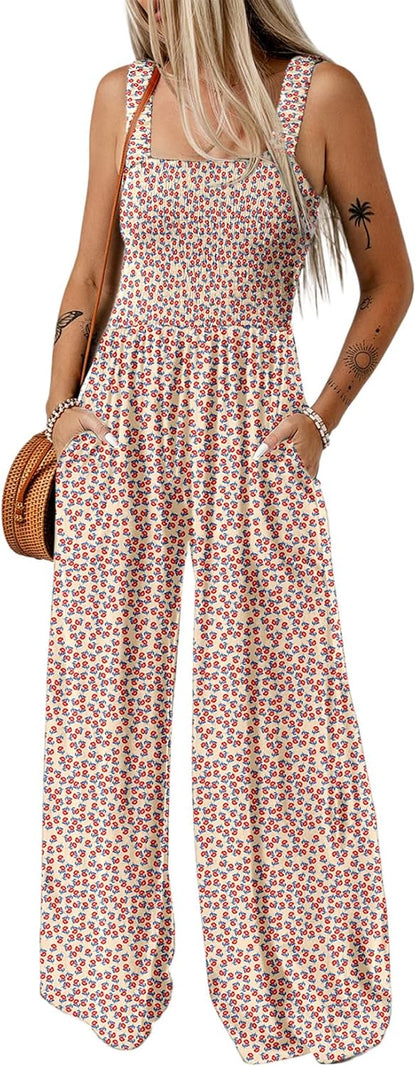 Women's Casual Loose Overalls Jumpsuits One Piece Sleeveless Printed Wide Leg Long Pant Rompers With Pockets