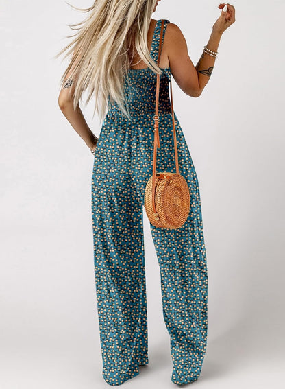 Women's Casual Loose Overalls Jumpsuits One Piece Sleeveless Printed Wide Leg Long Pant Rompers With Pockets