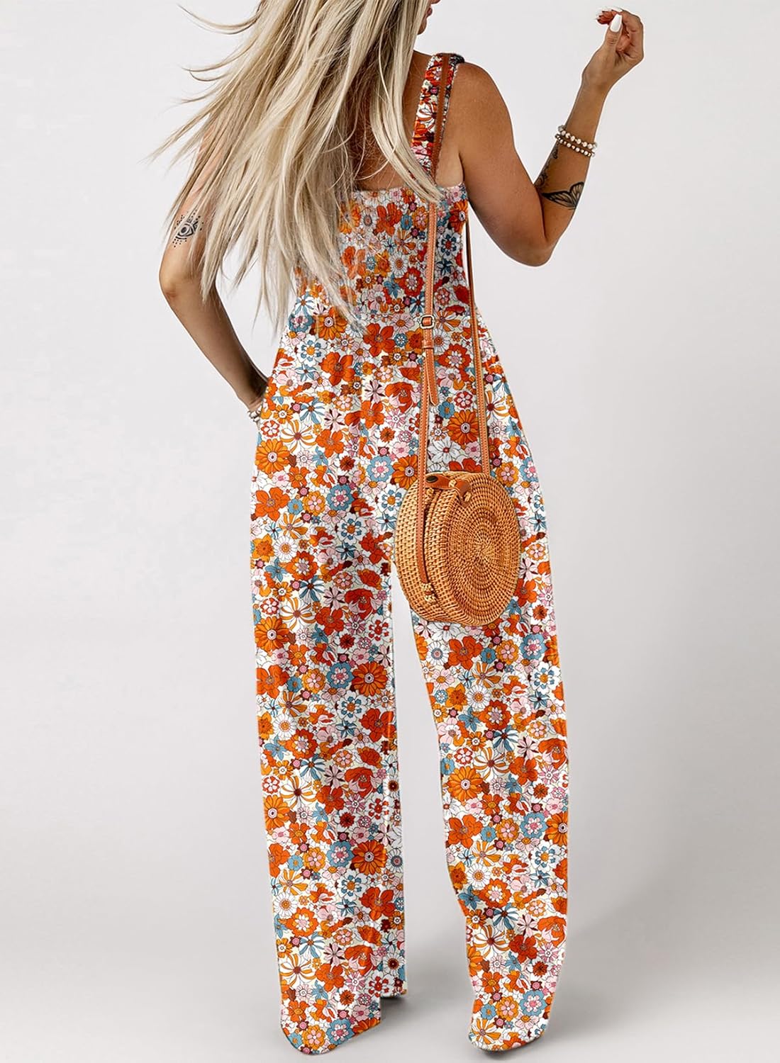 Women's Casual Loose Overalls Jumpsuits One Piece Sleeveless Printed Wide Leg Long Pant Rompers With Pockets