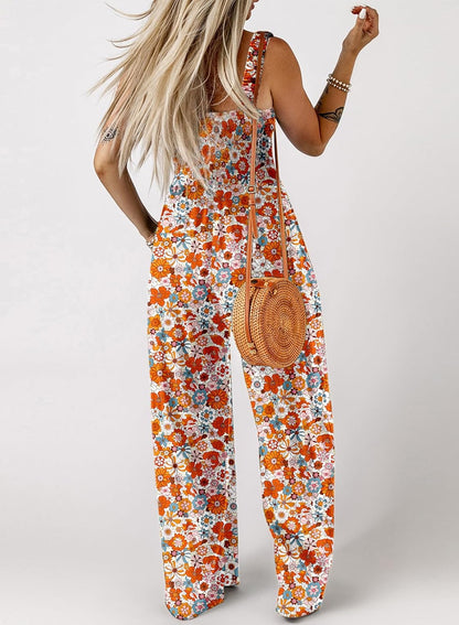 Women's Casual Loose Overalls Jumpsuits One Piece Sleeveless Printed Wide Leg Long Pant Rompers With Pockets