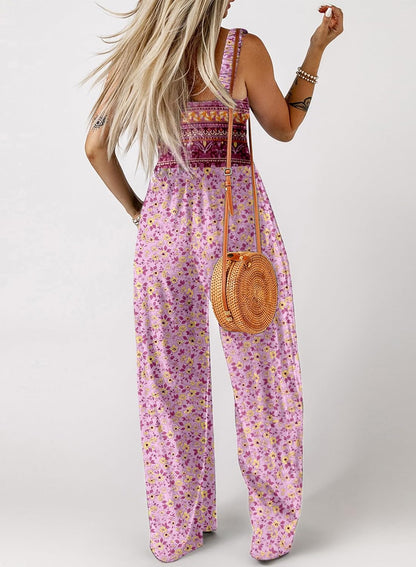 Women's Casual Loose Overalls Jumpsuits One Piece Sleeveless Printed Wide Leg Long Pant Rompers With Pockets