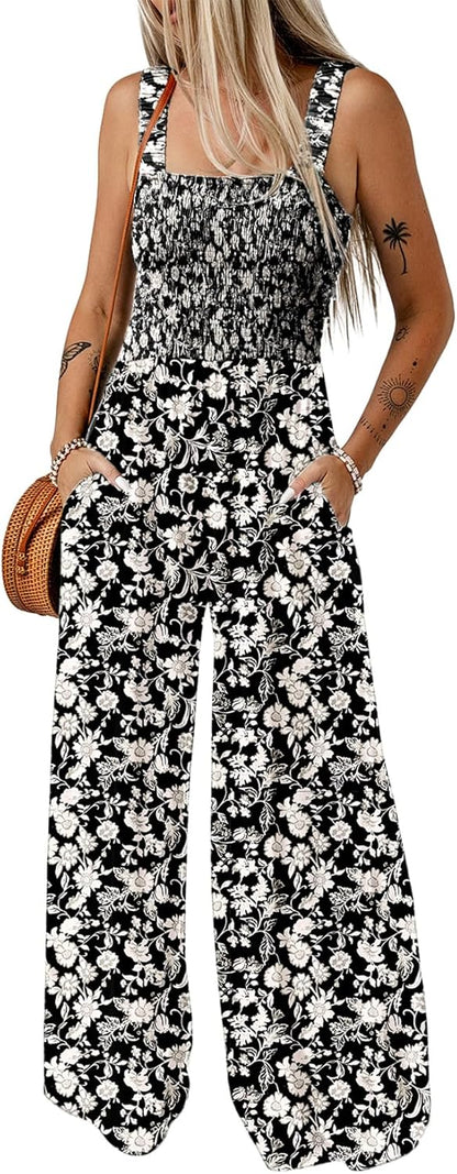Women's Casual Loose Overalls Jumpsuits One Piece Sleeveless Printed Wide Leg Long Pant Rompers With Pockets