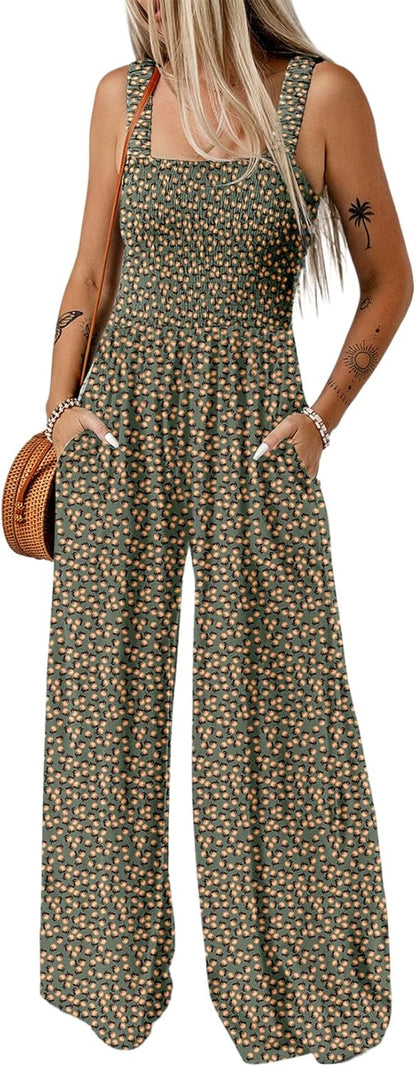 Women's Casual Loose Overalls Jumpsuits One Piece Sleeveless Printed Wide Leg Long Pant Rompers With Pockets