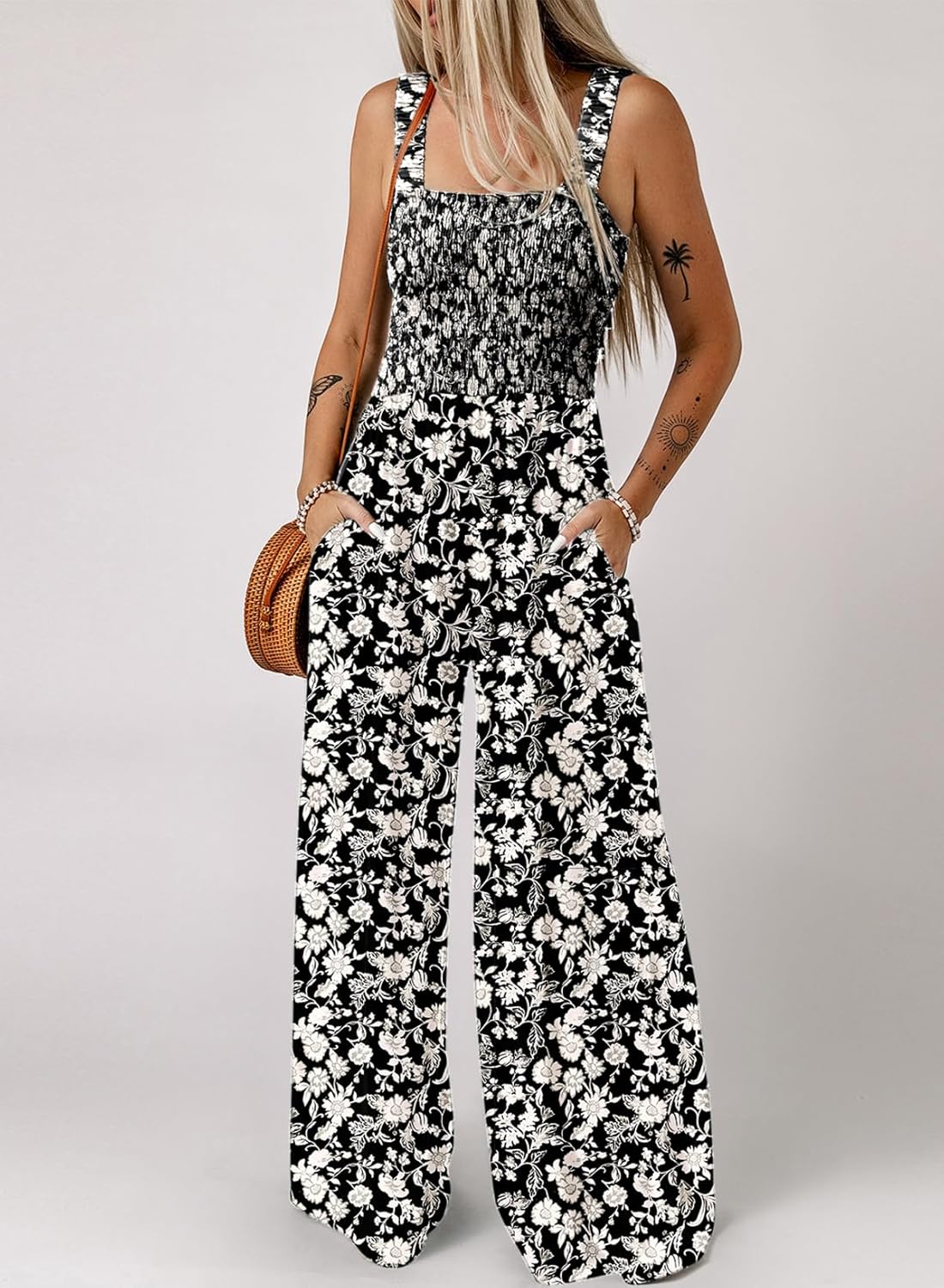 Women's Casual Loose Overalls Jumpsuits One Piece Sleeveless Printed Wide Leg Long Pant Rompers With Pockets