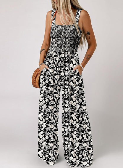 Women's Casual Loose Overalls Jumpsuits One Piece Sleeveless Printed Wide Leg Long Pant Rompers With Pockets