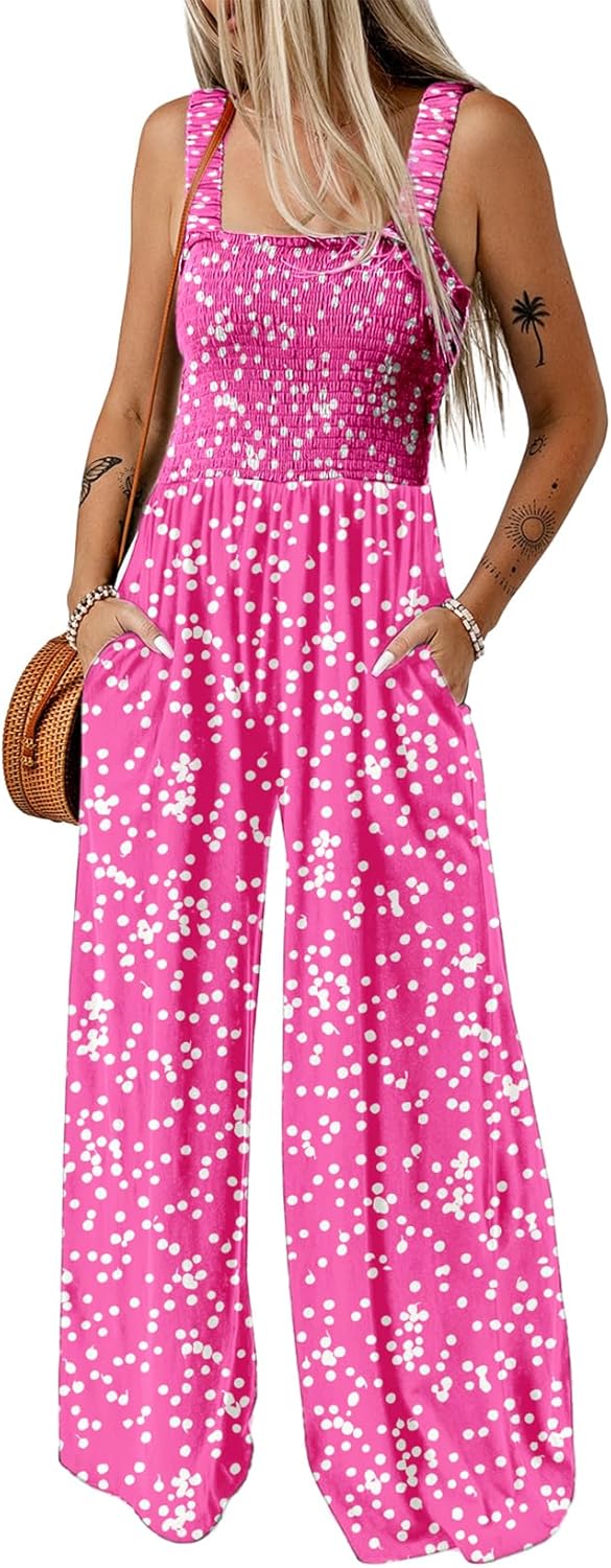 Women's Casual Loose Overalls Jumpsuits One Piece Sleeveless Printed Wide Leg Long Pant Rompers With Pockets