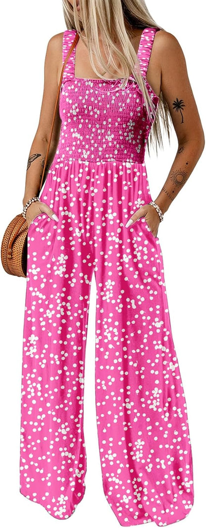 Women's Casual Loose Overalls Jumpsuits One Piece Sleeveless Printed Wide Leg Long Pant Rompers With Pockets