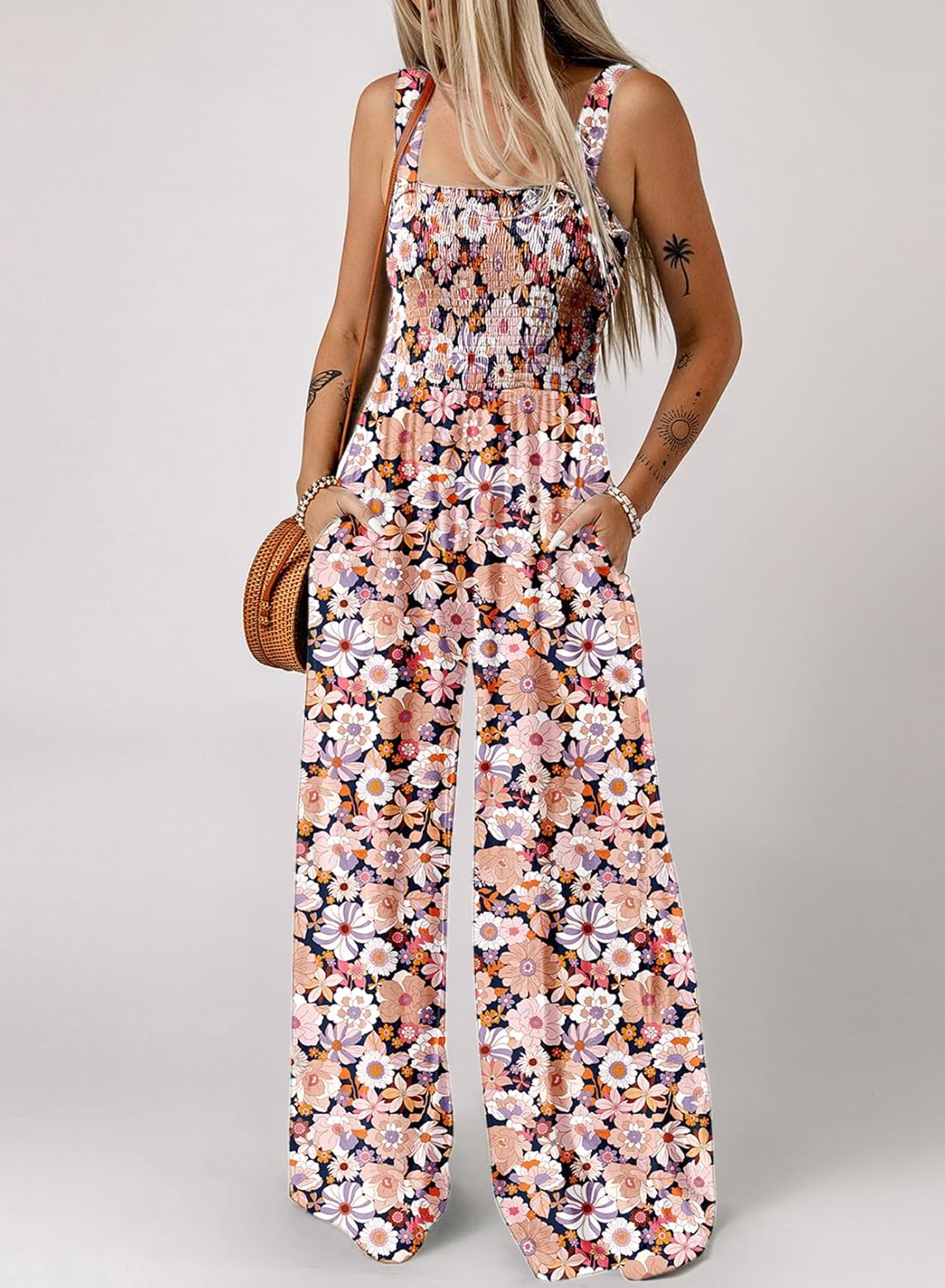 Women's Casual Loose Overalls Jumpsuits One Piece Sleeveless Printed Wide Leg Long Pant Rompers With Pockets