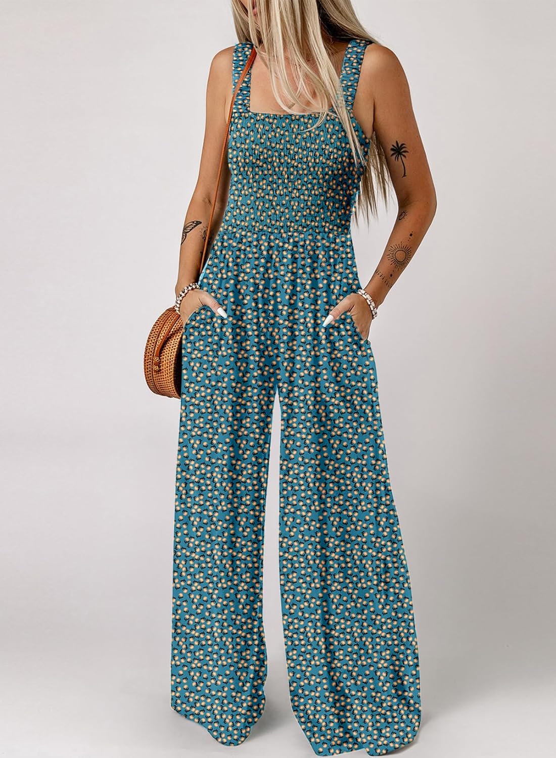 Women's Casual Loose Overalls Jumpsuits One Piece Sleeveless Printed Wide Leg Long Pant Rompers With Pockets