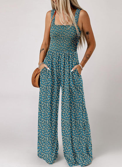 Women's Casual Loose Overalls Jumpsuits One Piece Sleeveless Printed Wide Leg Long Pant Rompers With Pockets